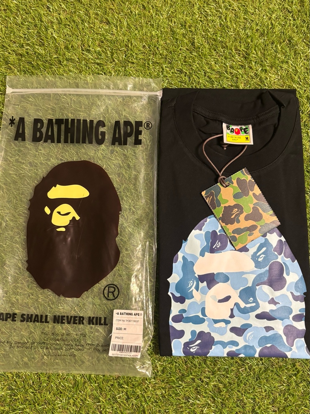 Black Bape T-Shirt with Blue and white Camo Bape Logo
